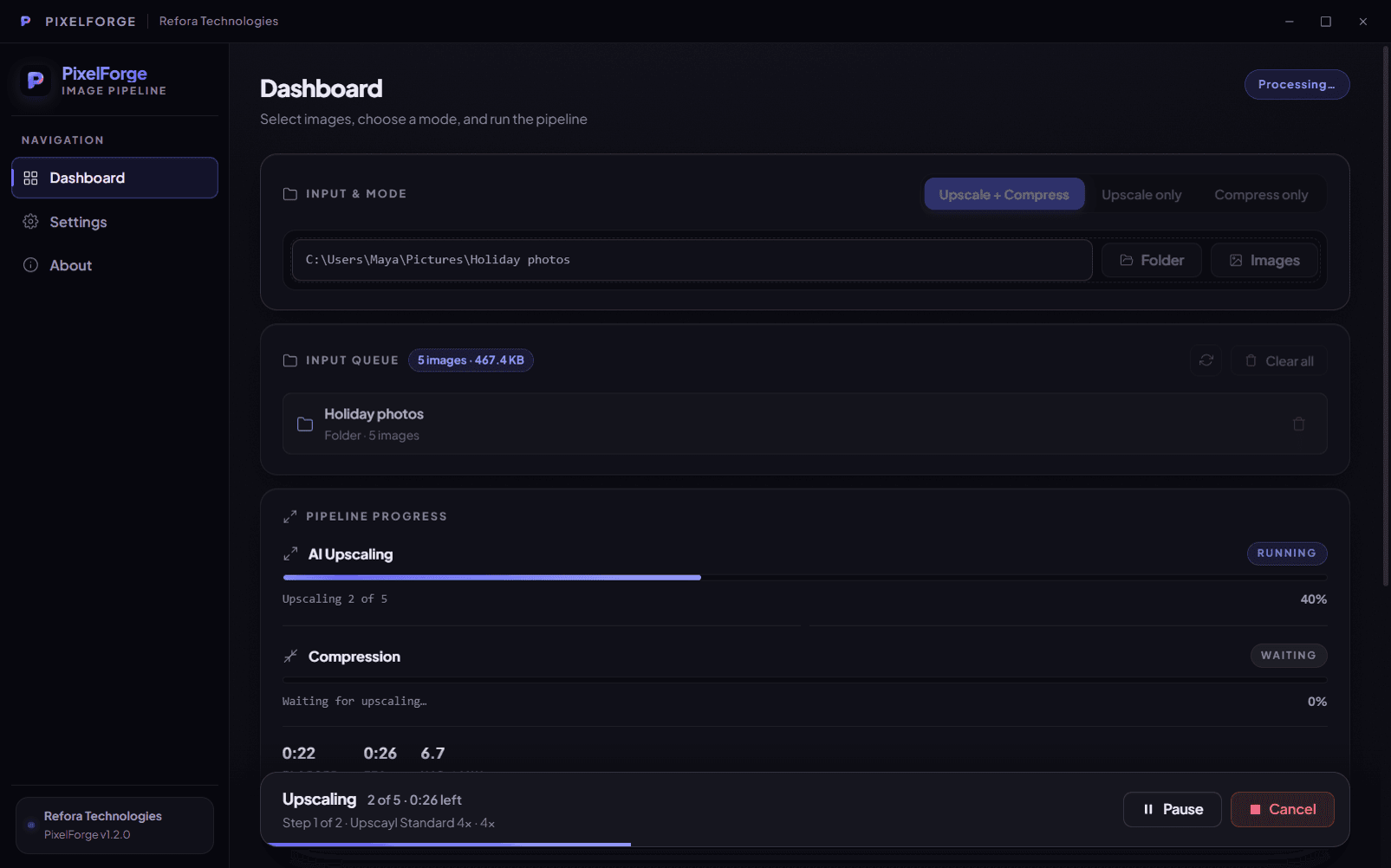 PixelForge's dashboard during a run: the upscaling stage with its count and time remaining, and Pause and Cancel